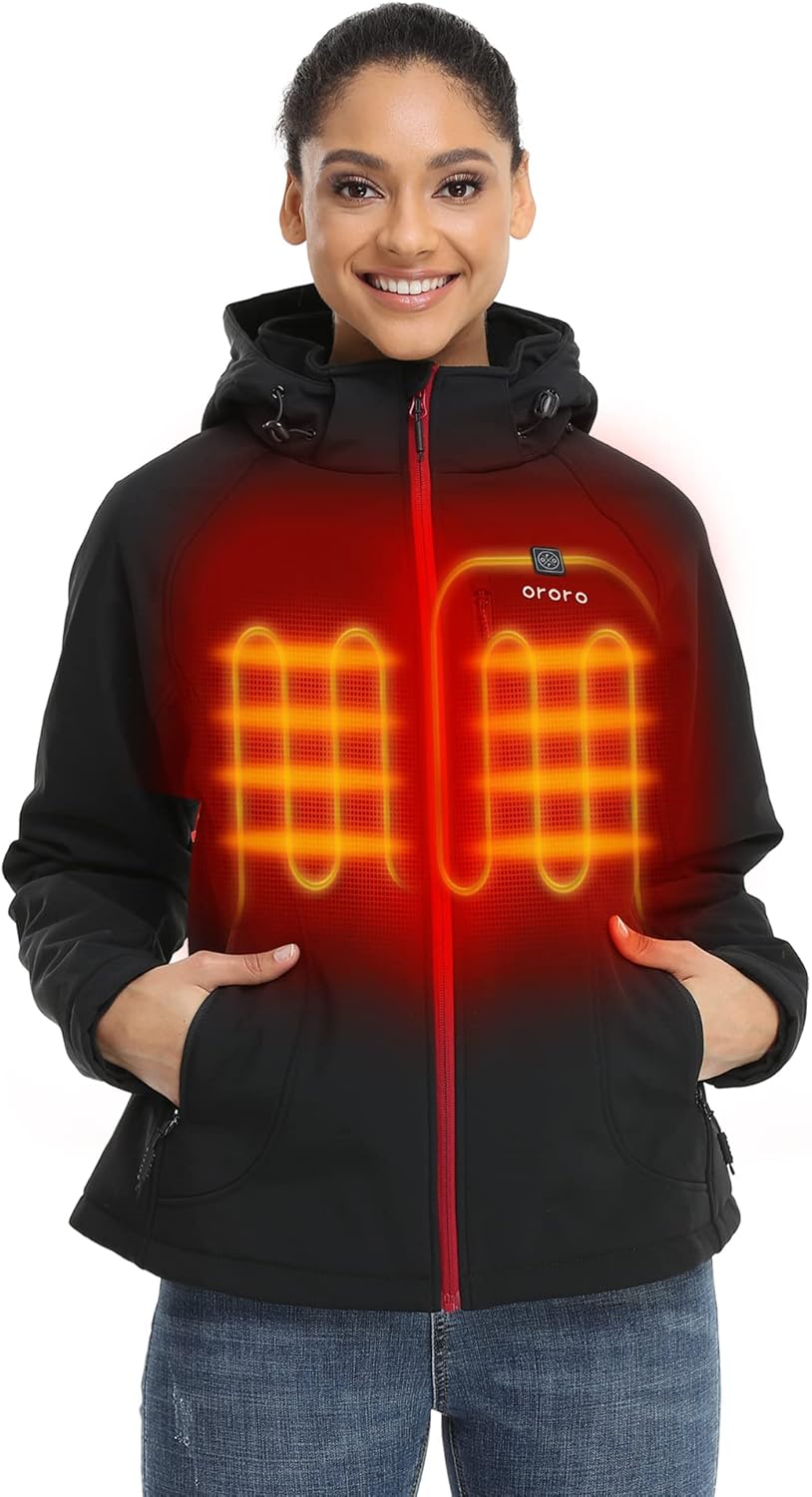 ORORO Women's Slim Fit Heated Jacket with Battery, Heated Coat with Detachable Hood (Charger Not Included)