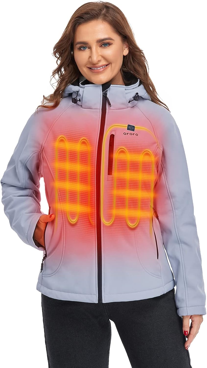 ORORO Women's Slim Fit Heated Jacket with Battery, Heated Coat with Detachable Hood (Charger Not Included)