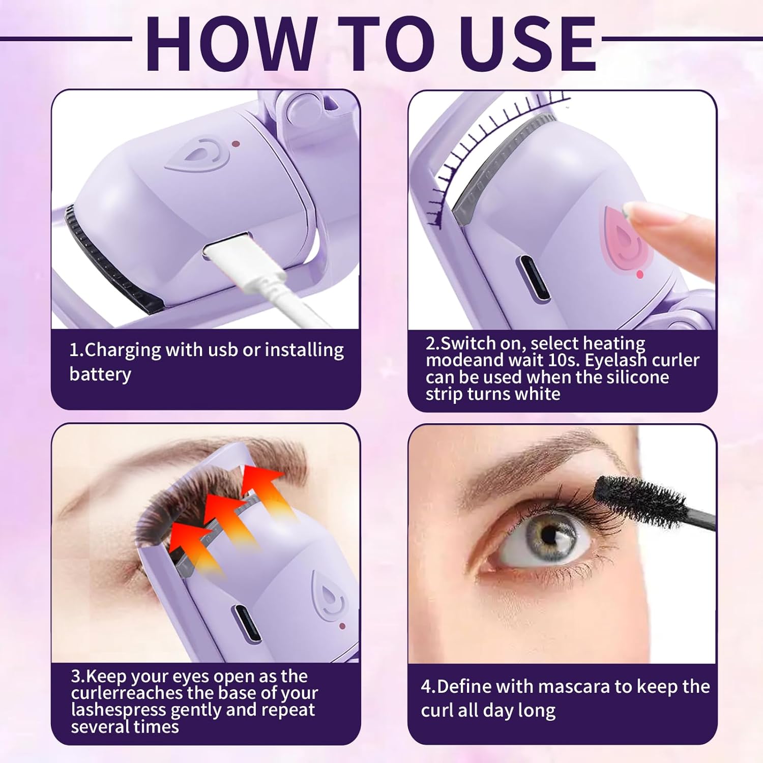 Heated Eyelash Curlers Rapid Heat-up USB Rechargeable Electric Eyelash Curler with Sensing Heating Silicone Pad