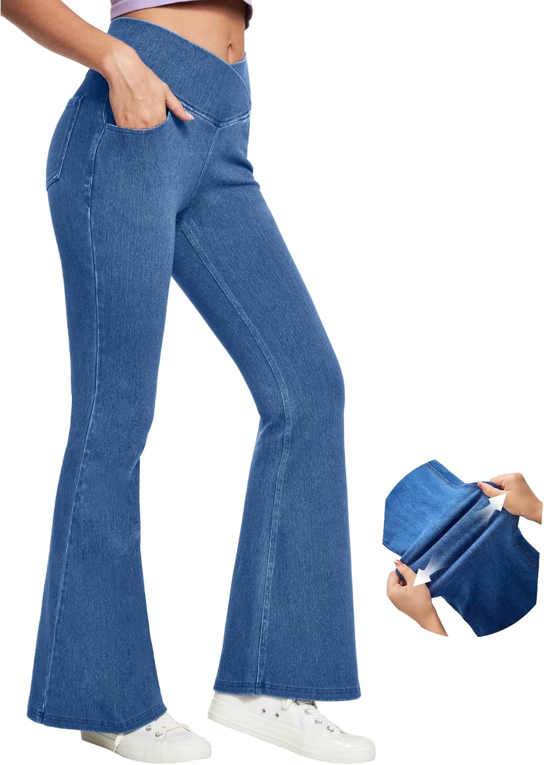 Pantalones vaqueros acampanados IUGA para mujer, de cintura alta, elásticos, acampanados, con pernera ancha y corte en V, con control del abdomen 