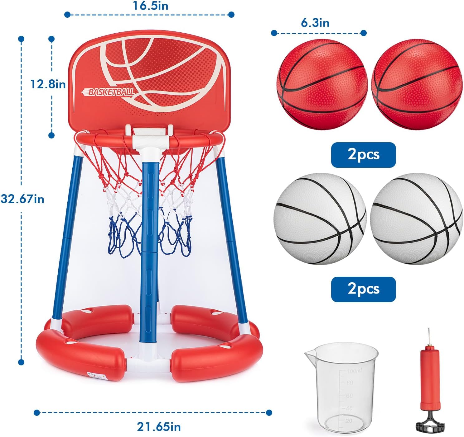 Inflatable Pool Basketball Hoop with Backboard, 4 Balls & Pump, for Kids & Adults, Blue