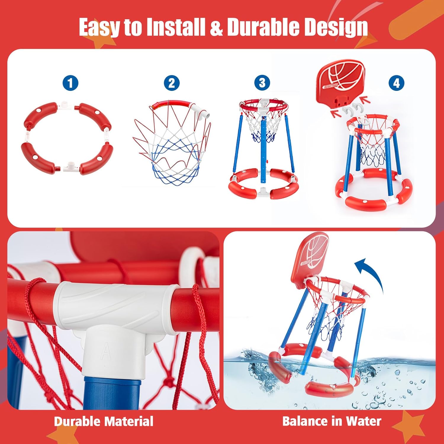 Inflatable Pool Basketball Hoop with Backboard, 4 Balls & Pump, for Kids & Adults, Blue