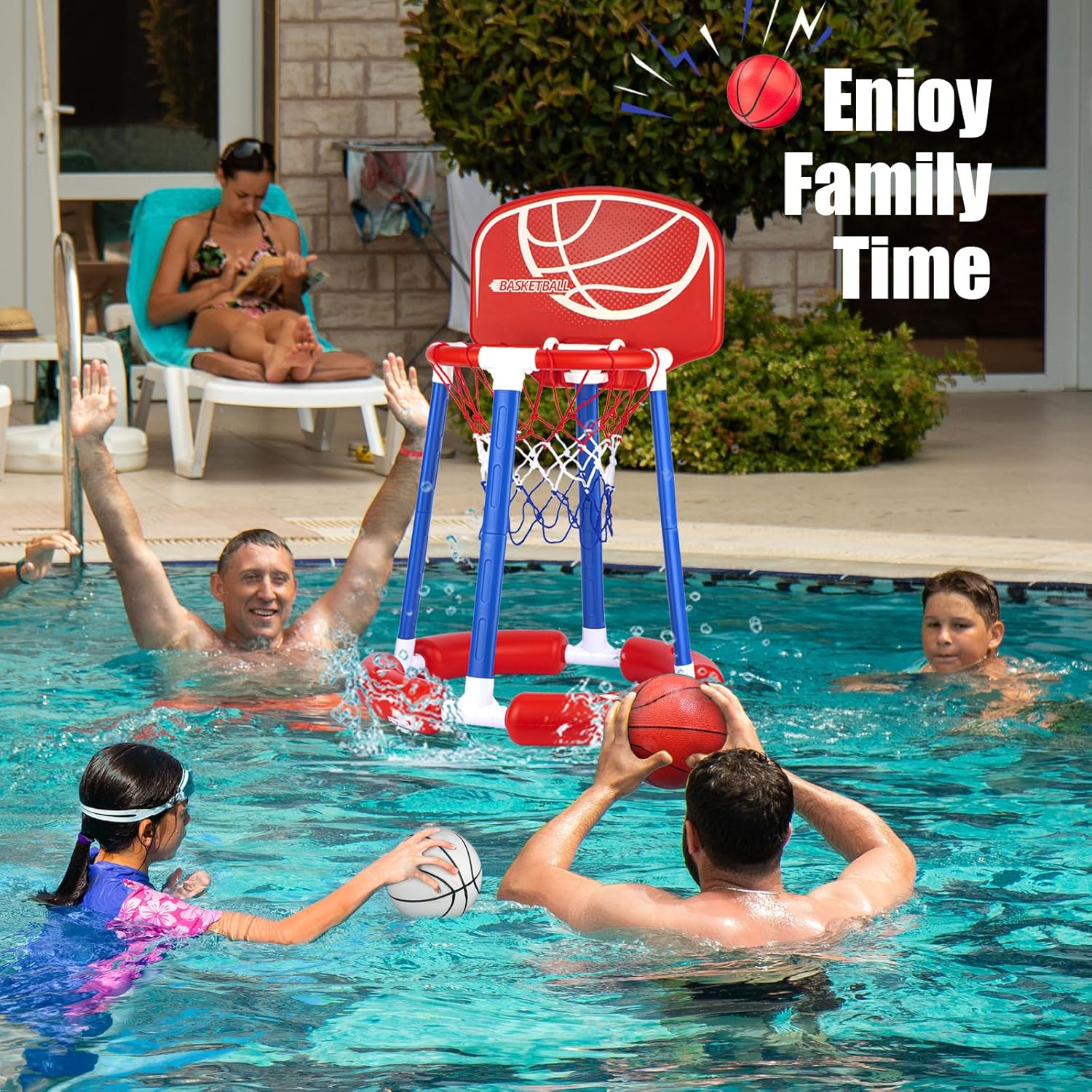 Inflatable Pool Basketball Hoop with Backboard, 4 Balls & Pump, for Kids & Adults, Blue