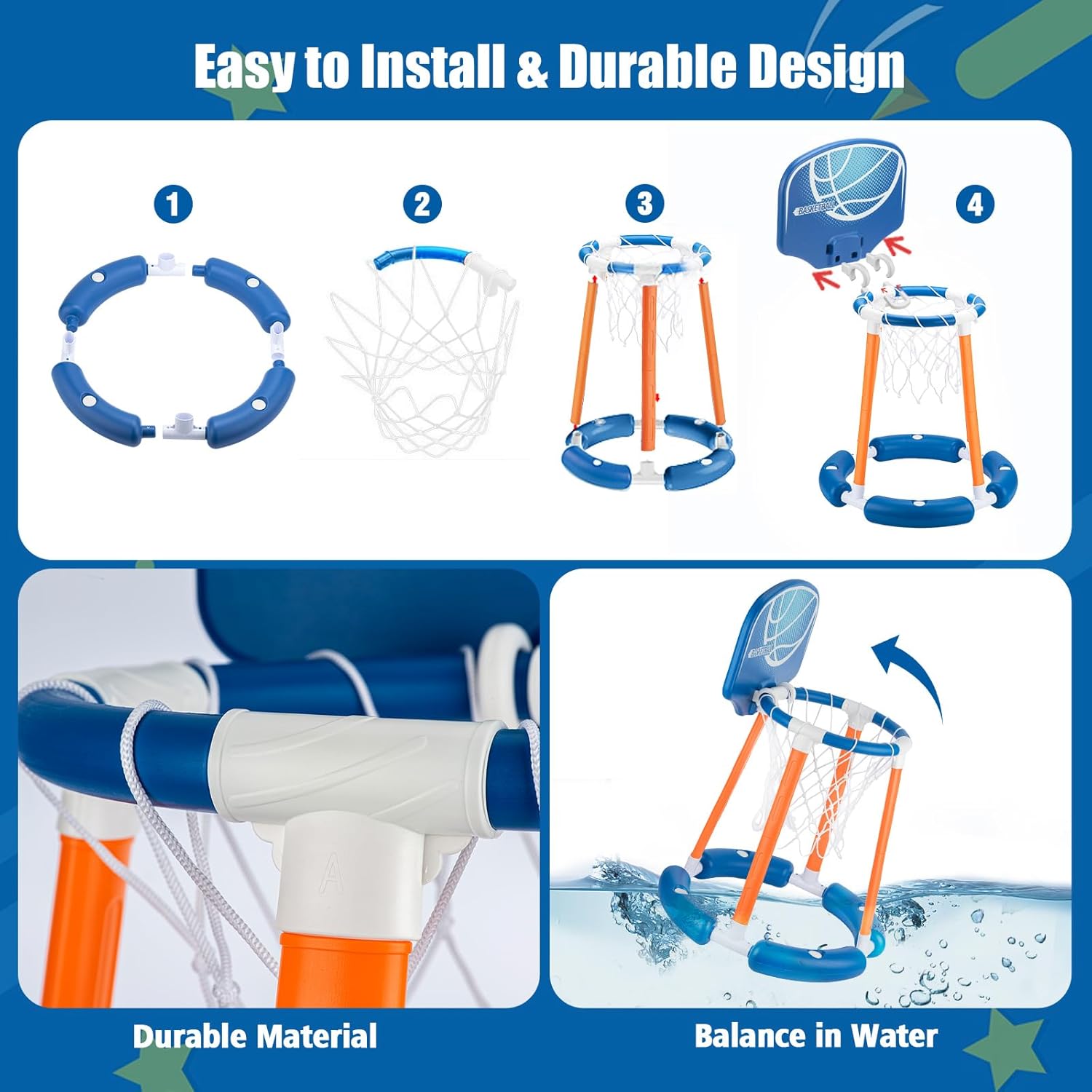 Inflatable Pool Basketball Hoop with Backboard, 4 Balls & Pump, for Kids & Adults, Blue