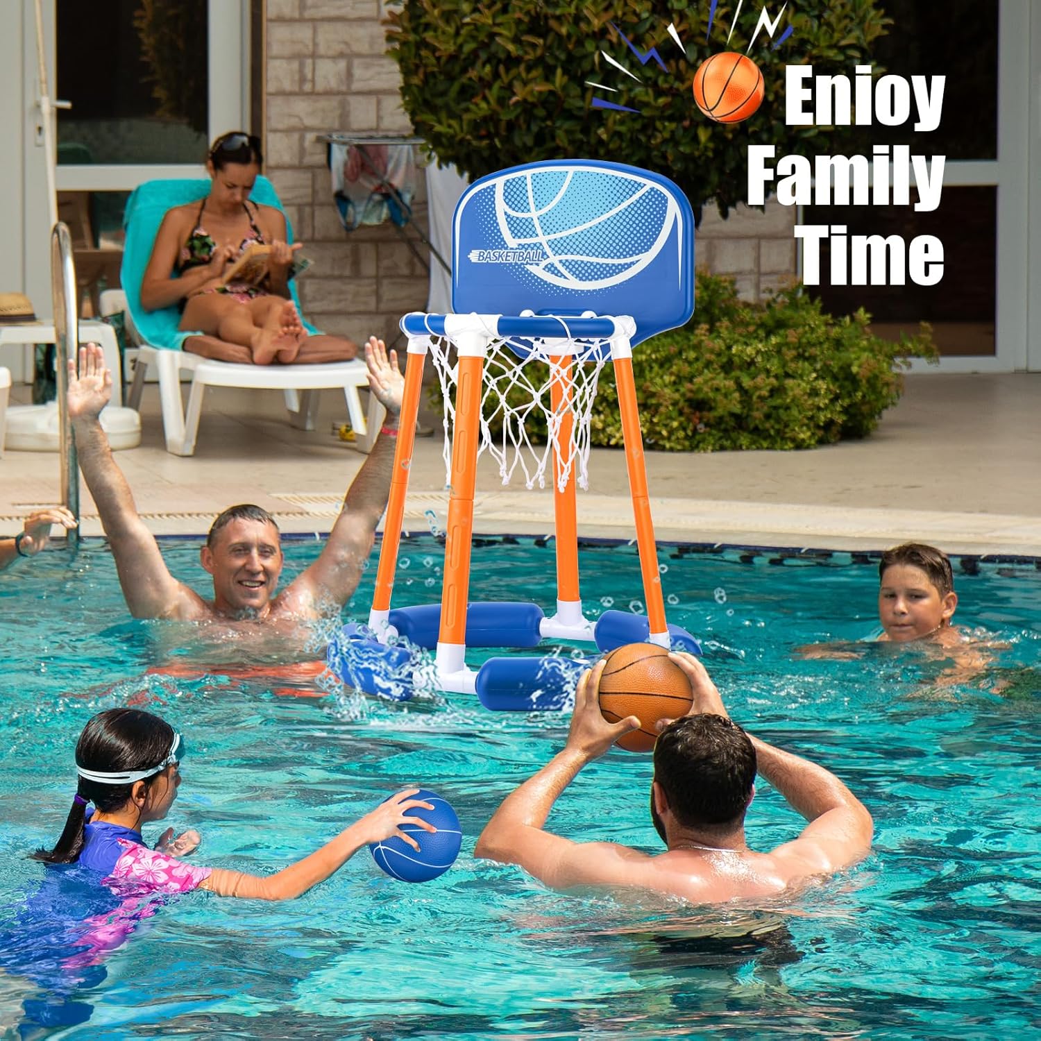 Inflatable Pool Basketball Hoop with Backboard, 4 Balls & Pump, for Kids & Adults, Blue