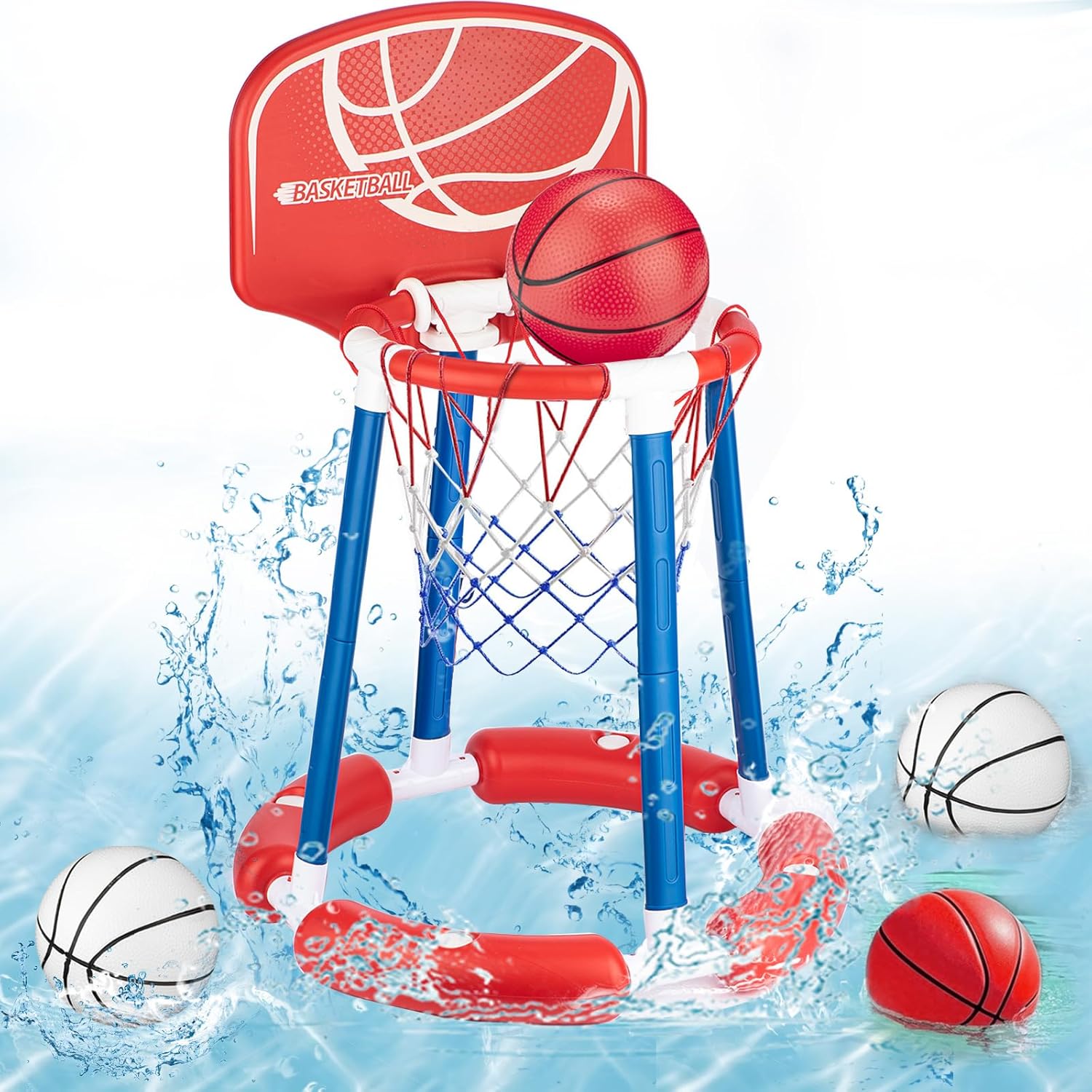 Inflatable Pool Basketball Hoop with Backboard, 4 Balls & Pump, for Kids & Adults, Blue