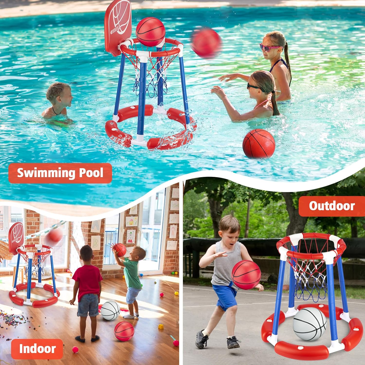 Inflatable Pool Basketball Hoop with Backboard, 4 Balls & Pump, for Kids & Adults, Blue