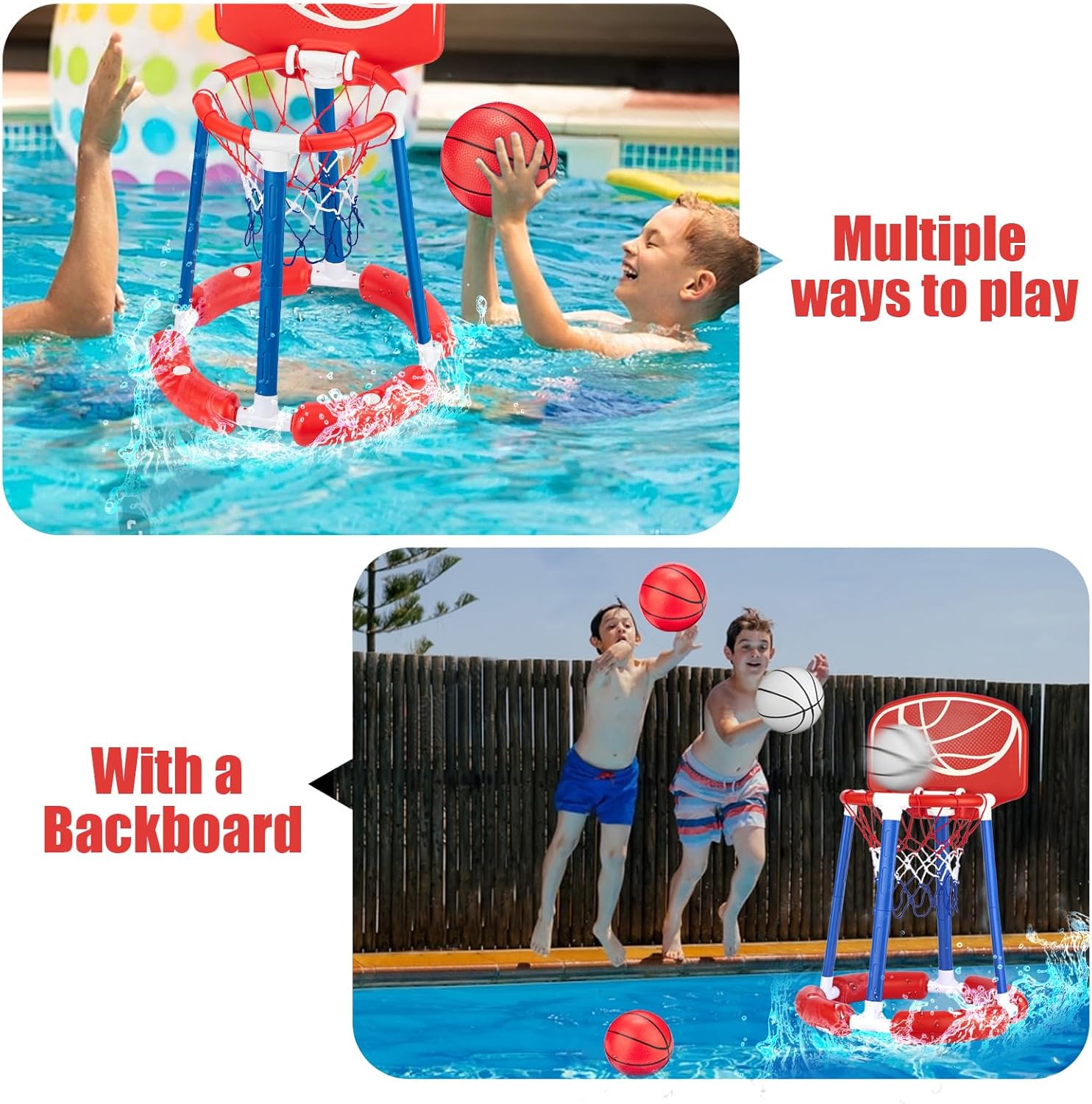 Inflatable Pool Basketball Hoop with Backboard, 4 Balls & Pump, for Kids & Adults, Blue