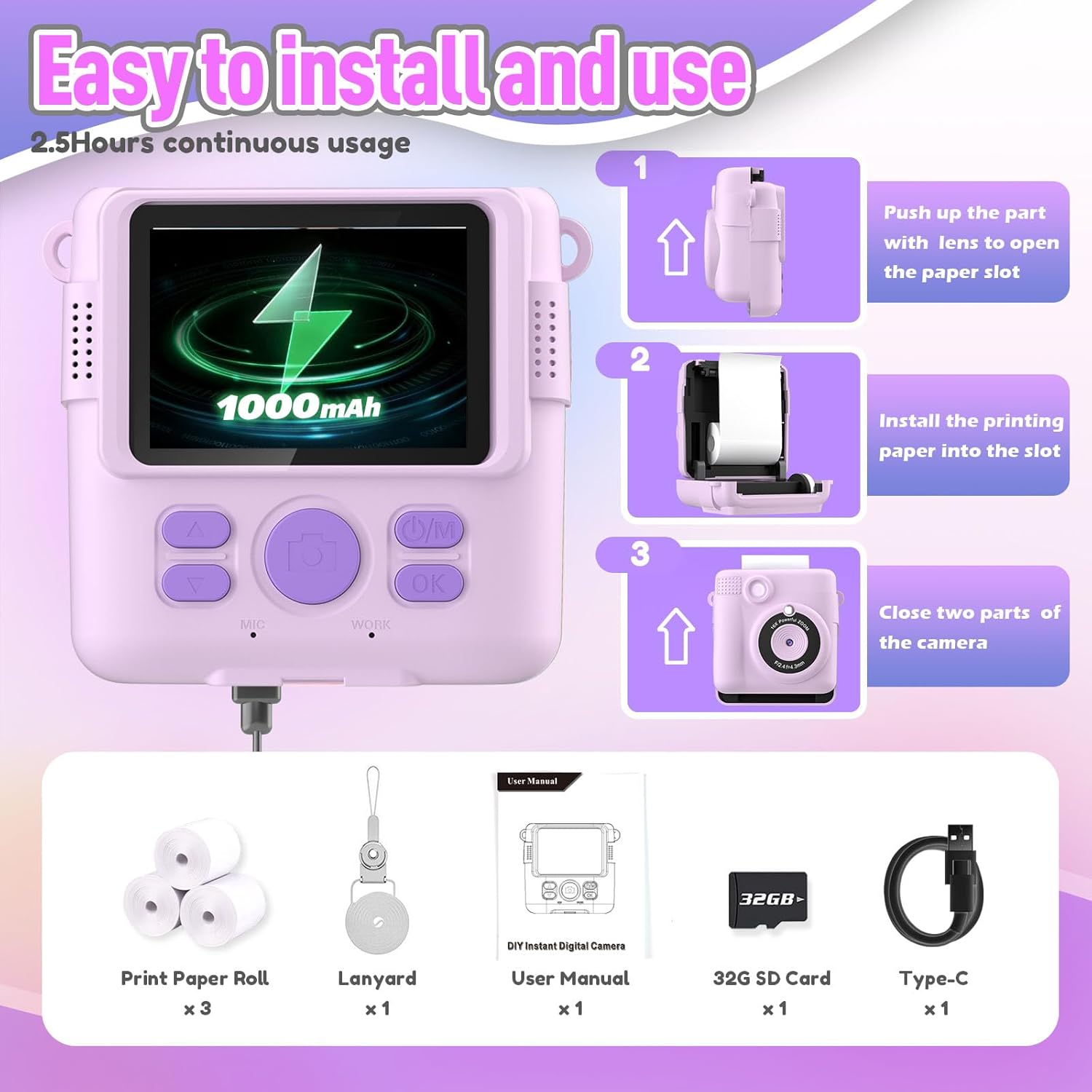 Instant Print Camera—HD, 32GB SD, Portable, For 4-10Y Kids