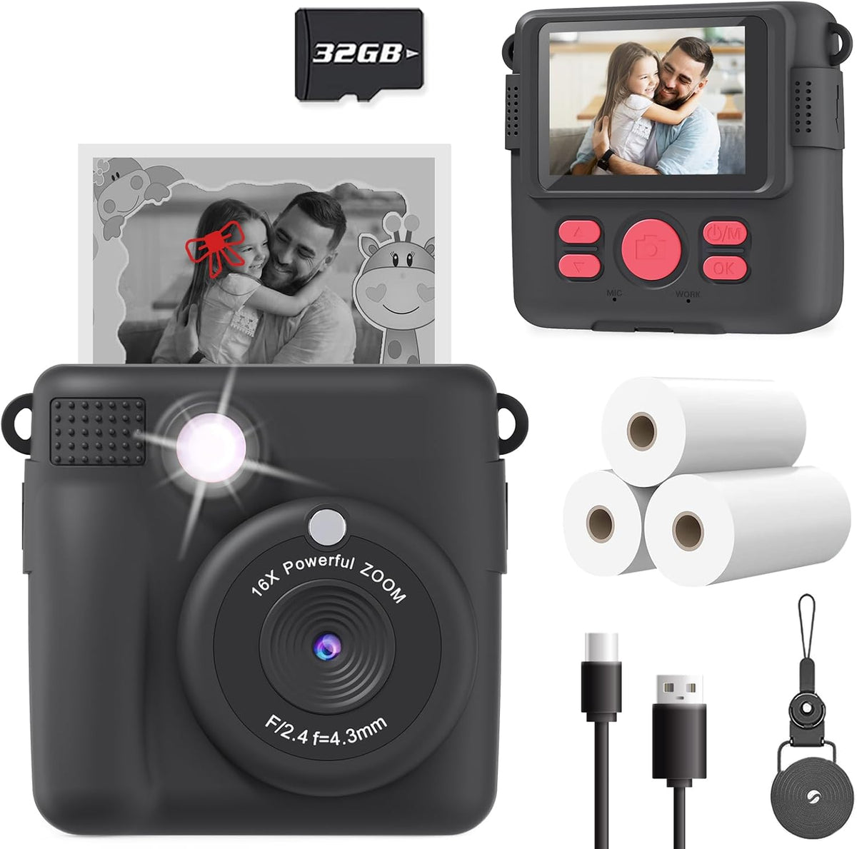 Instant Print Camera—HD, 32GB SD, Portable, For 4-10Y Kids