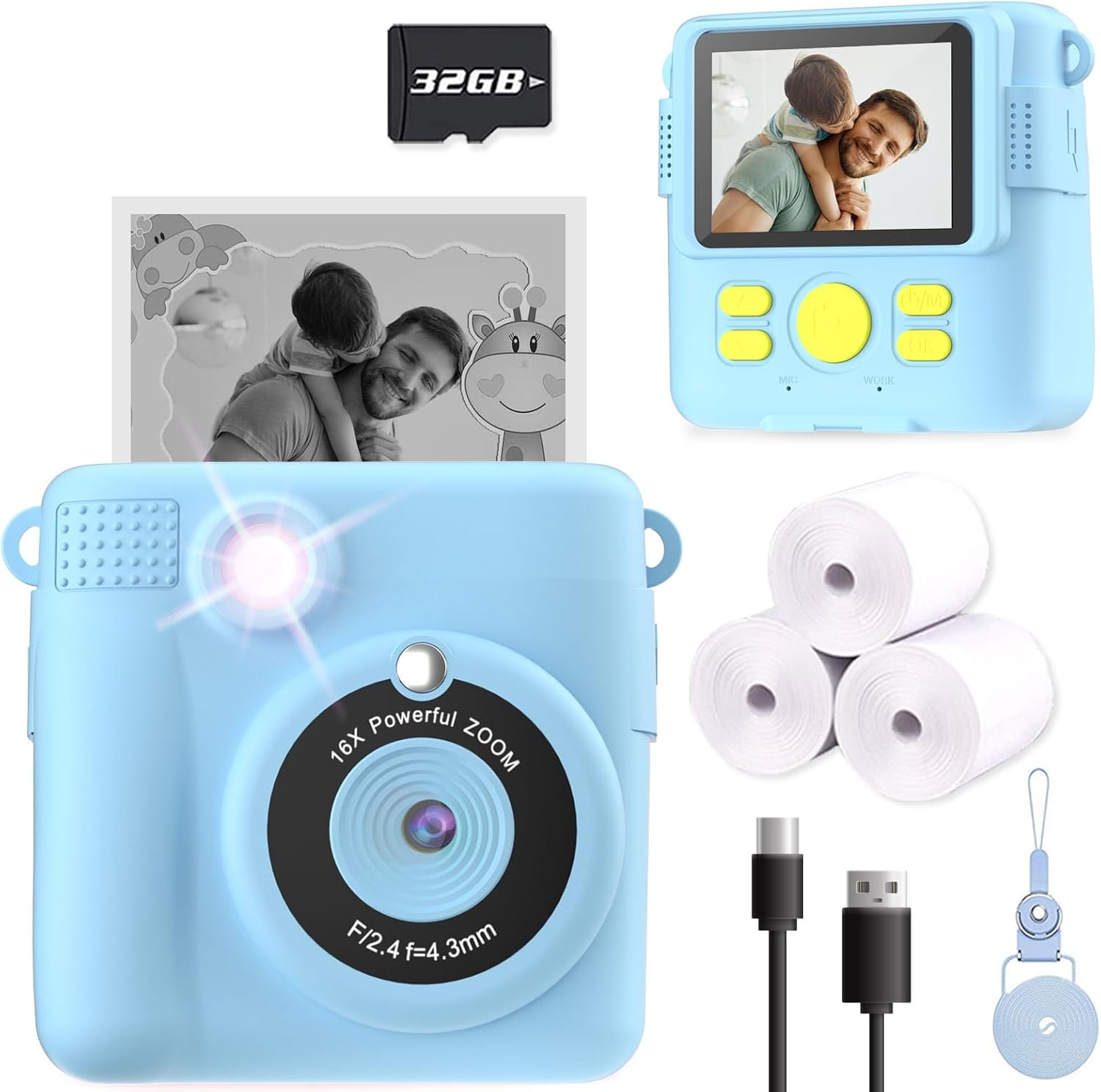 Instant Print Camera—HD, 32GB SD, Portable, For 4-10Y Kids