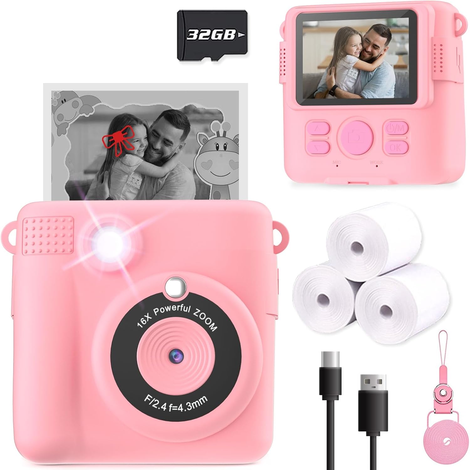 Instant Print Camera—HD, 32GB SD, Portable, For 4-10Y Kids