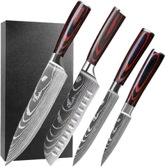Kitchen Knife Set, Professional 4 Pcs Kitchen Chef Knife Set, Chef Knife Set with Sharp High Carbon Stainless Steel Forged Blade and Ergonomically Pakkawood Handle, Japanese Knife Set (4Pcs set)