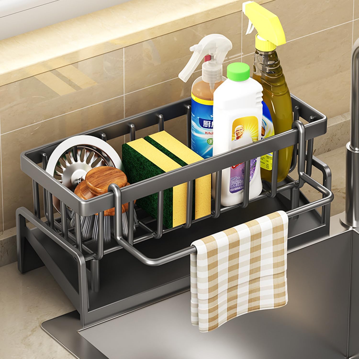Sink Caddy with Dishcloth Rack Kitchen Sink Storage Rack Organizer Countertop Rustproof Soap Dispenser Organizers