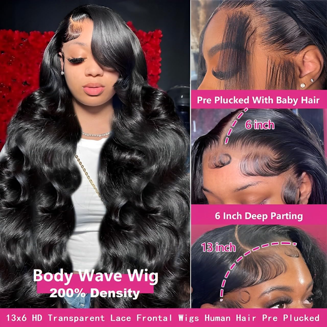 30 Inch 13x6 Lace Front Wigs Human Hair 200 Density Body Wave HD Lace Front Wigs Human Hair Pre Plucked Natural Color for Women