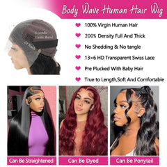 30 Inch 13x6 Lace Front Wigs Human Hair 200 Density Body Wave HD Lace Front Wigs Human Hair Pre Plucked Natural Color for Women