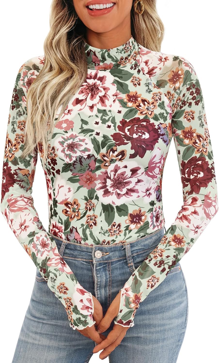 Dealmore Lace Long Sleeve Floral Mesh Mockneck Going Out Tops for Women Fashion Fall Outfits 2025