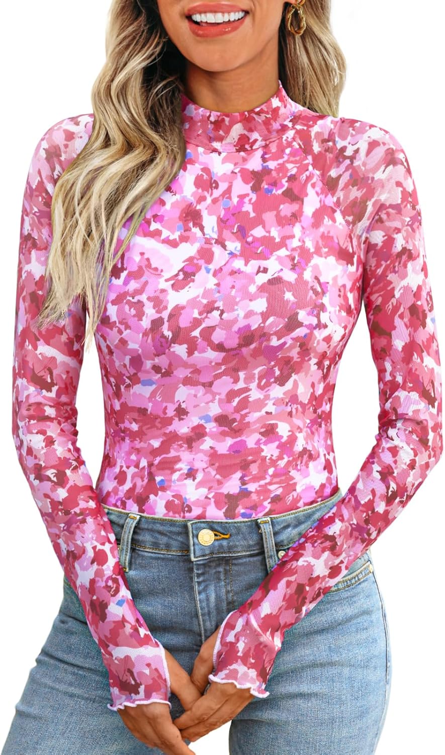 Dealmore Lace Long Sleeve Floral Mesh Mockneck Going Out Tops for Women Fashion Fall Outfits 2025