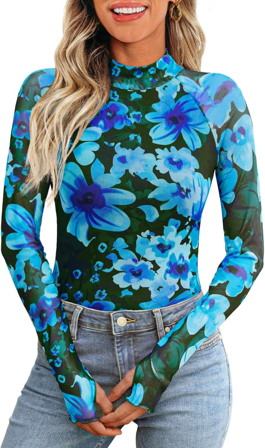 Dealmore Lace Long Sleeve Floral Mesh Mockneck Going Out Tops for Women Fashion Fall Outfits 2025