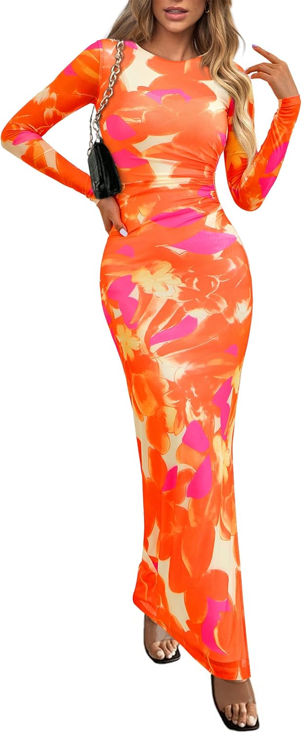 PRETTYGARDEN Vestido largo ajustado para mujer, moda de otoño y primavera, manga larga, estampado floral, ajustado, para fiesta, club, vestidos fruncidos 