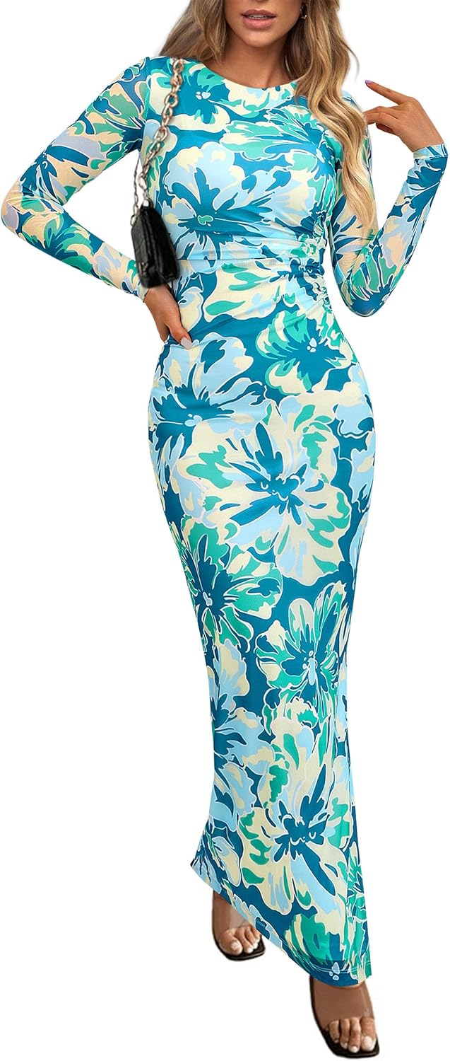 PRETTYGARDEN Vestido largo ajustado para mujer, moda de otoño y primavera, manga larga, estampado floral, ajustado, para fiesta, club, vestidos fruncidos 