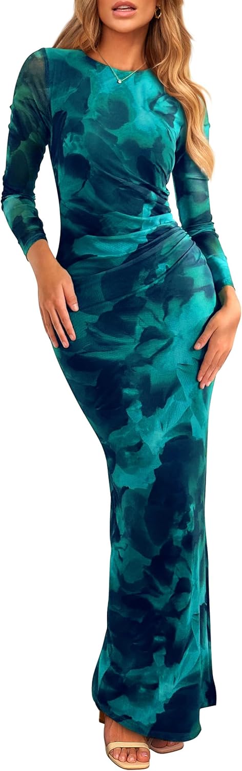 PRETTYGARDEN Vestido largo ajustado para mujer, moda de otoño y primavera, manga larga, estampado floral, ajustado, para fiesta, club, vestidos fruncidos 
