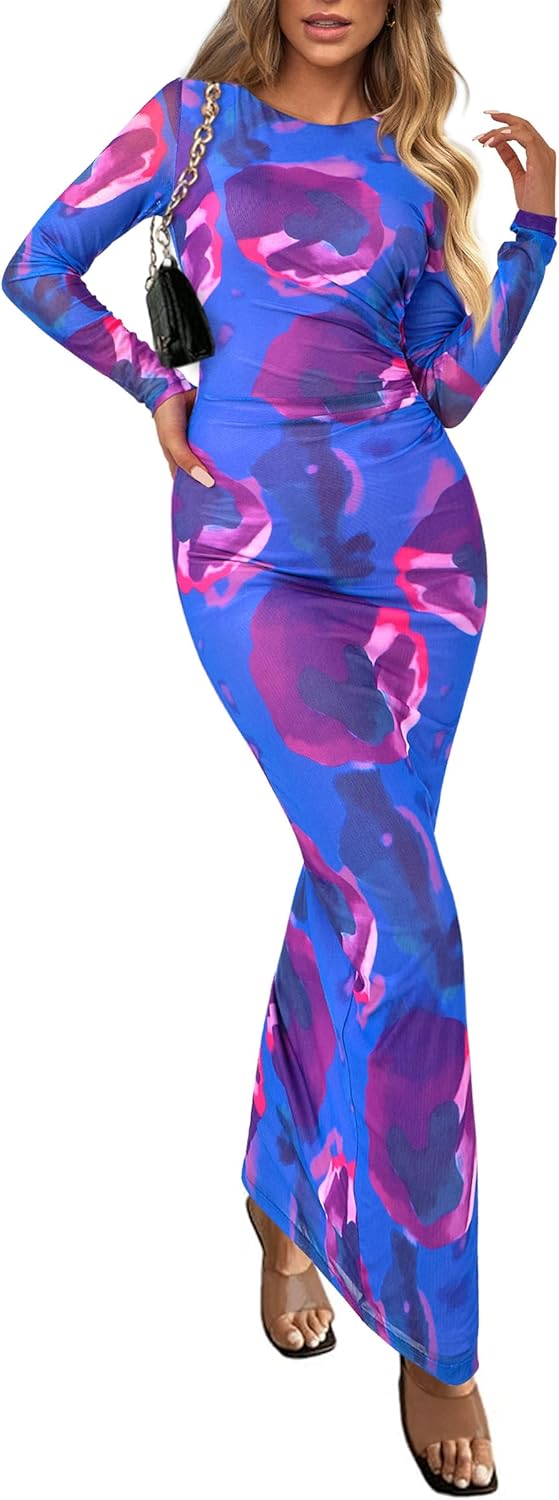 PRETTYGARDEN Vestido largo ajustado para mujer, moda de otoño y primavera, manga larga, estampado floral, ajustado, para fiesta, club, vestidos fruncidos 