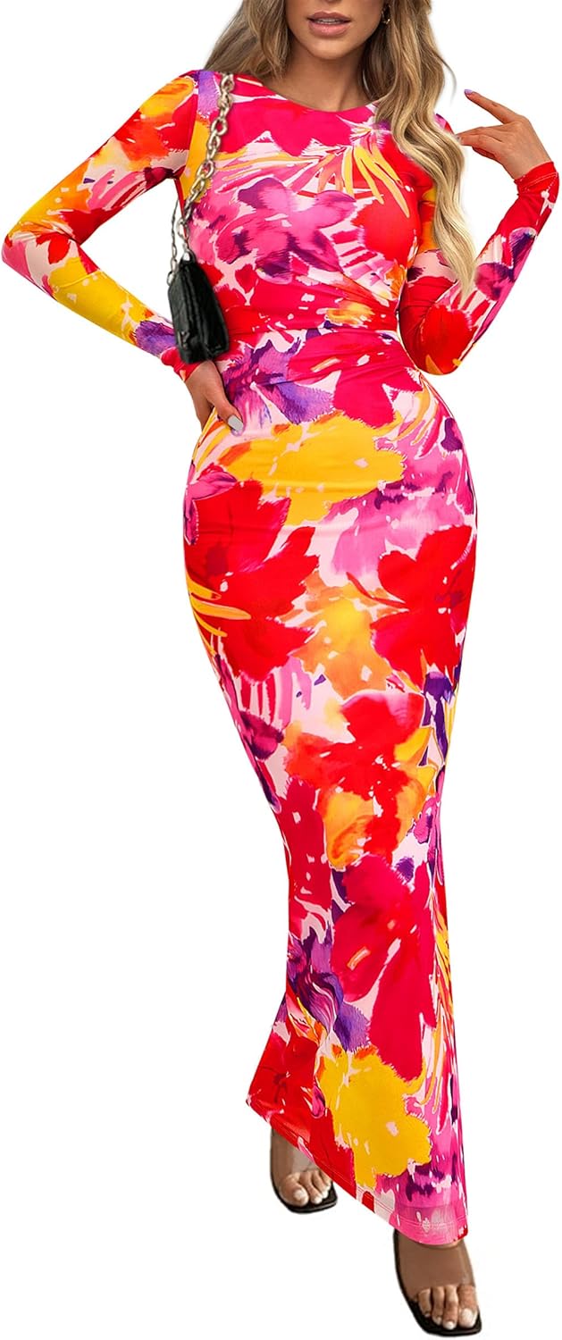PRETTYGARDEN Vestido largo ajustado para mujer, moda de otoño y primavera, manga larga, estampado floral, ajustado, para fiesta, club, vestidos fruncidos 