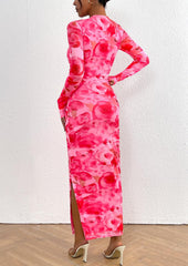 PRETTYGARDEN Vestido largo ajustado para mujer, moda de otoño y primavera, manga larga, estampado floral, ajustado, para fiesta, club, vestidos fruncidos 