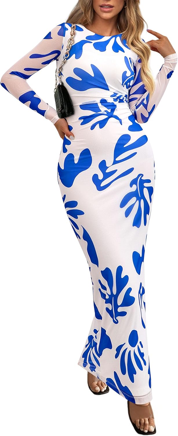 PRETTYGARDEN Vestido largo ajustado para mujer, moda de otoño y primavera, manga larga, estampado floral, ajustado, para fiesta, club, vestidos fruncidos 