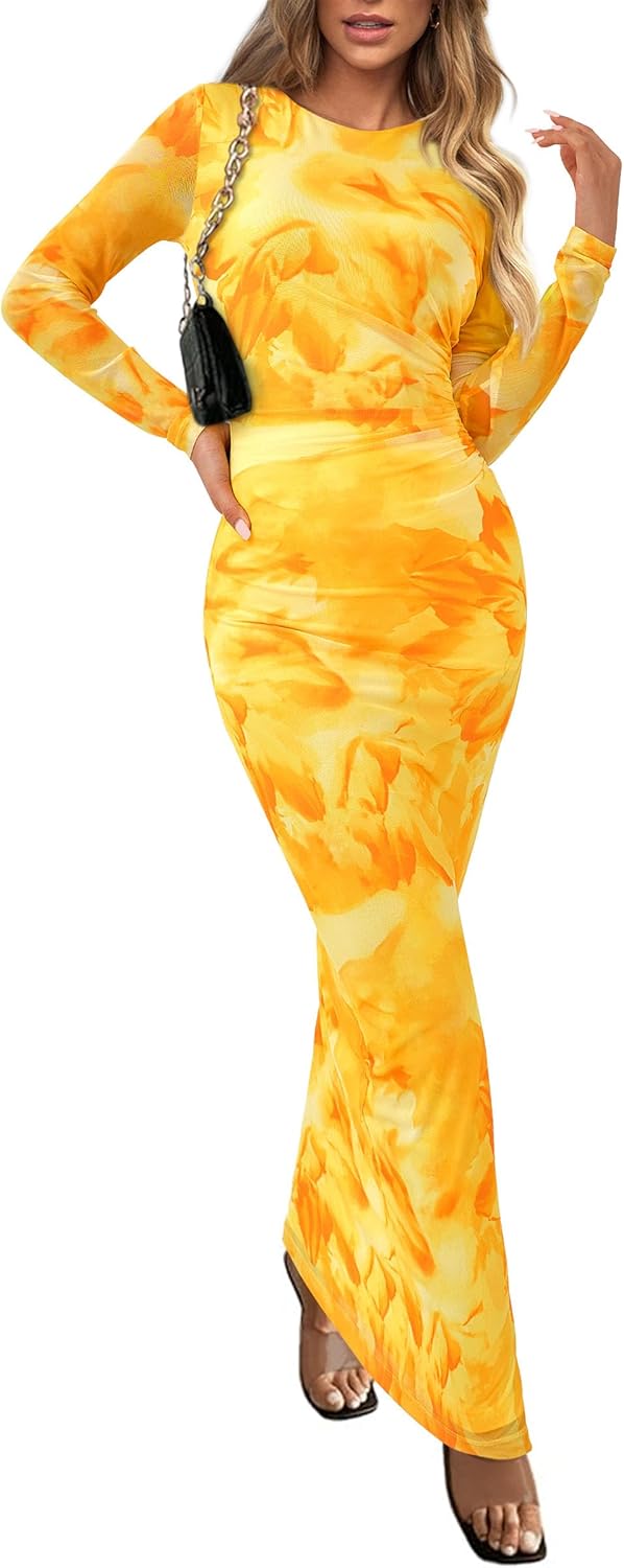 PRETTYGARDEN Vestido largo ajustado para mujer, moda de otoño y primavera, manga larga, estampado floral, ajustado, para fiesta, club, vestidos fruncidos 