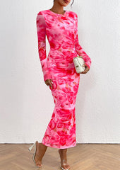 PRETTYGARDEN Vestido largo ajustado para mujer, moda de otoño y primavera, manga larga, estampado floral, ajustado, para fiesta, club, vestidos fruncidos 
