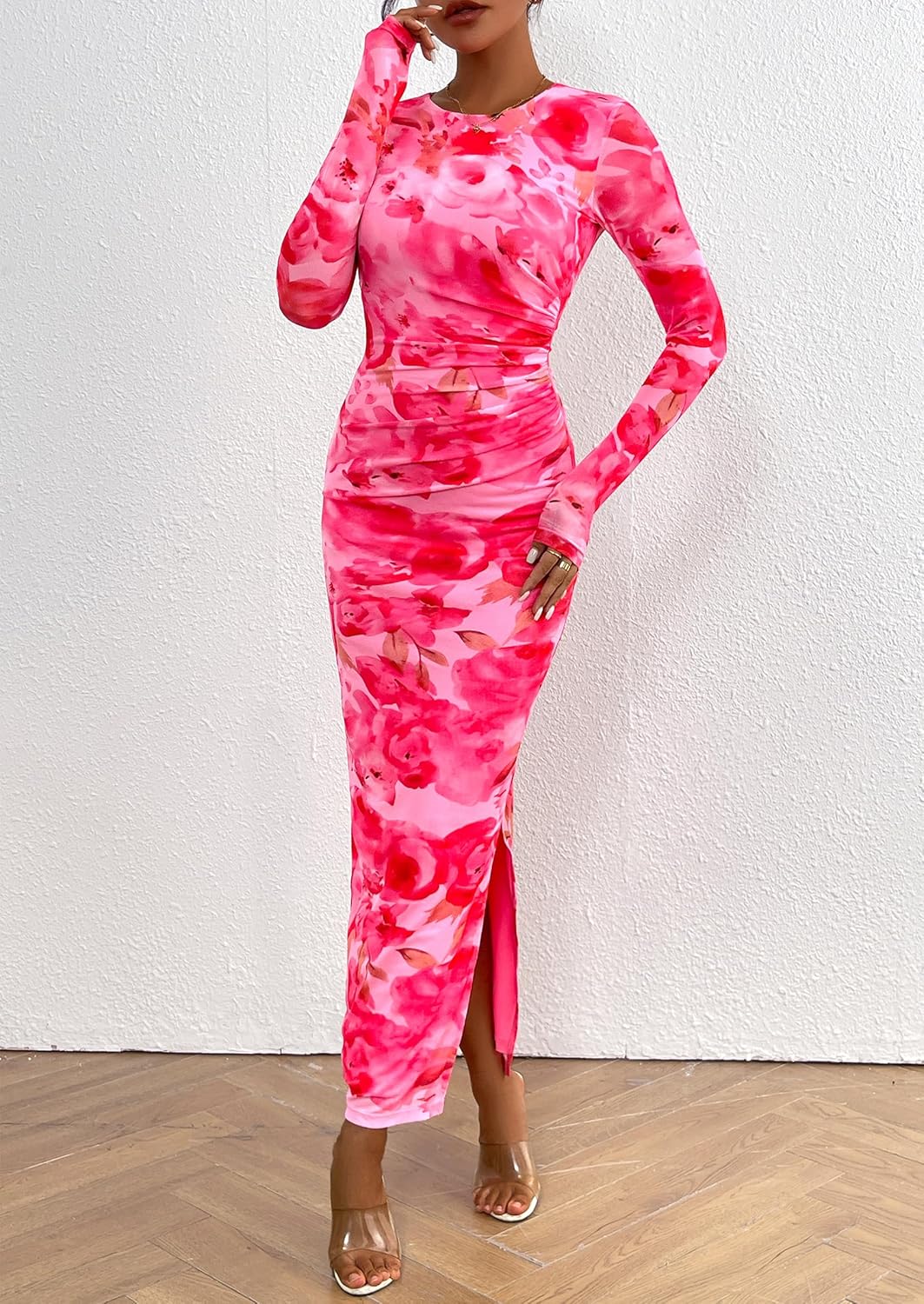 PRETTYGARDEN Vestido largo ajustado para mujer, moda de otoño y primavera, manga larga, estampado floral, ajustado, para fiesta, club, vestidos fruncidos 