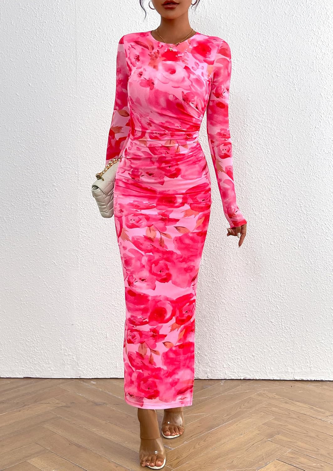 PRETTYGARDEN Vestido largo ajustado para mujer, moda de otoño y primavera, manga larga, estampado floral, ajustado, para fiesta, club, vestidos fruncidos 