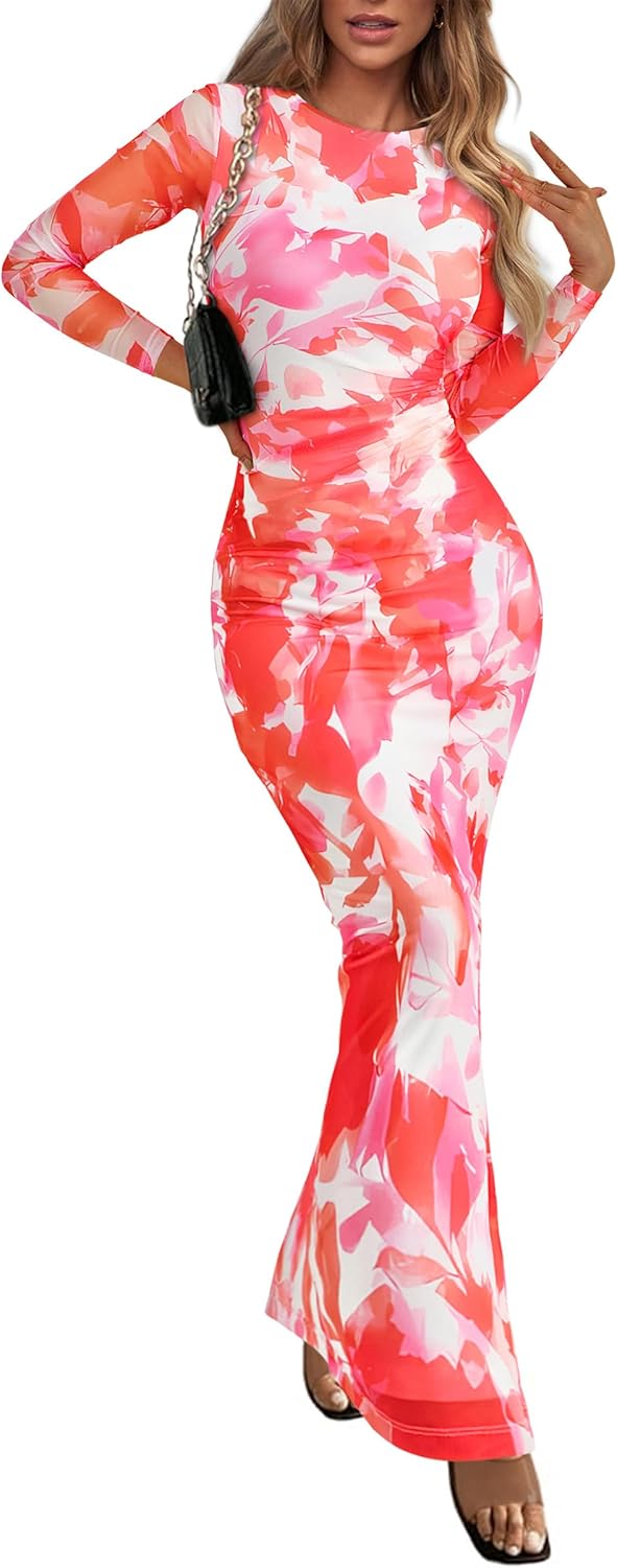PRETTYGARDEN Vestido largo ajustado para mujer, moda de otoño y primavera, manga larga, estampado floral, ajustado, para fiesta, club, vestidos fruncidos 