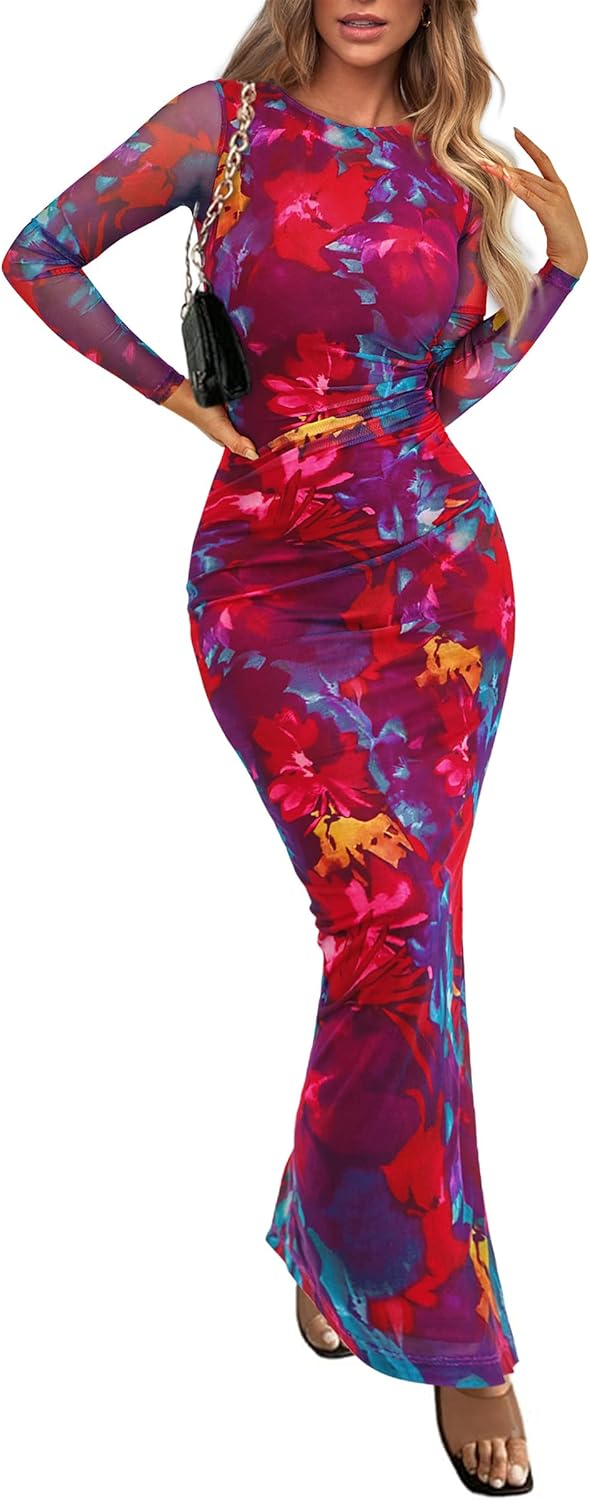 PRETTYGARDEN Vestido largo ajustado para mujer, moda de otoño y primavera, manga larga, estampado floral, ajustado, para fiesta, club, vestidos fruncidos 