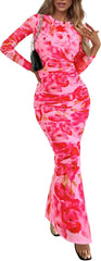 PRETTYGARDEN Vestido largo ajustado para mujer, moda de otoño y primavera, manga larga, estampado floral, ajustado, para fiesta, club, vestidos fruncidos 