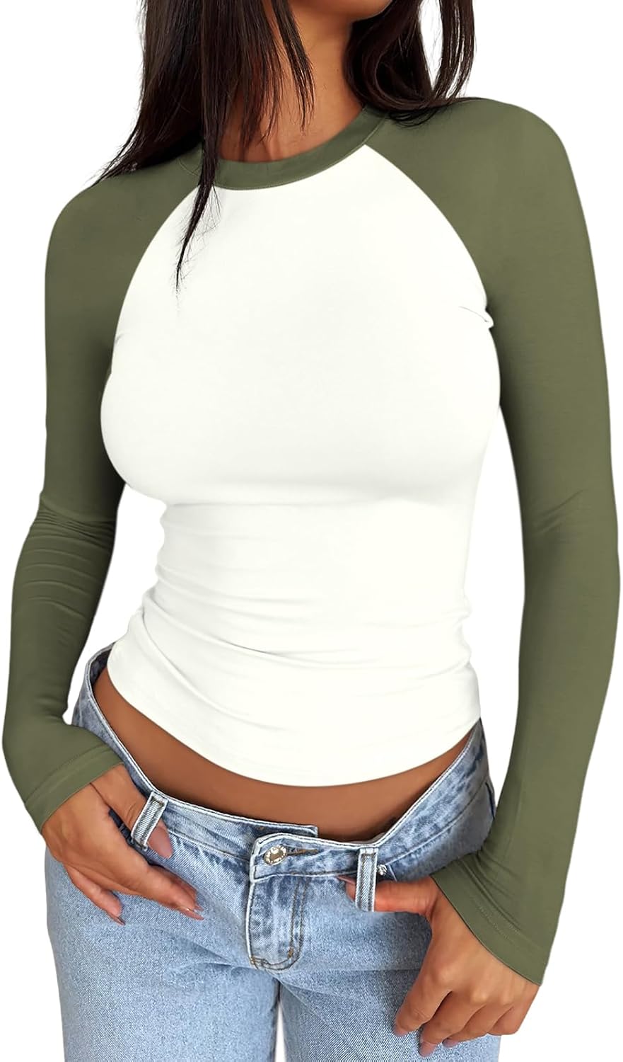 Trendy Queen Women's Long Sleeve Shirts Slim Fit Stretchy Color Block Slightly Cropped Tops