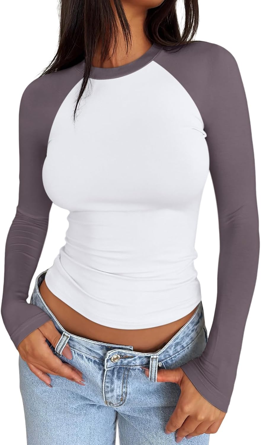 Trendy Queen Women's Long Sleeve Shirts Slim Fit Stretchy Color Block Slightly Cropped Tops