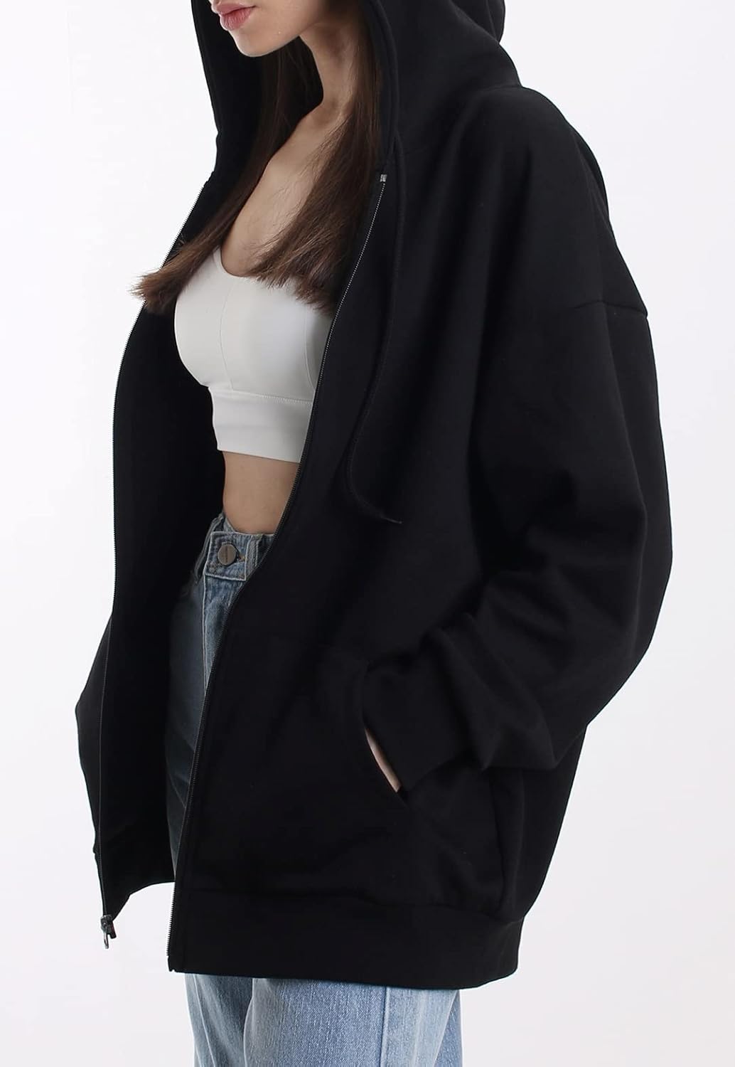 Sudadera con capucha informal de gran tamaño con cremallera completa para mujer Sudadera ligera de manga larga Chaqueta informal con bolsillo 