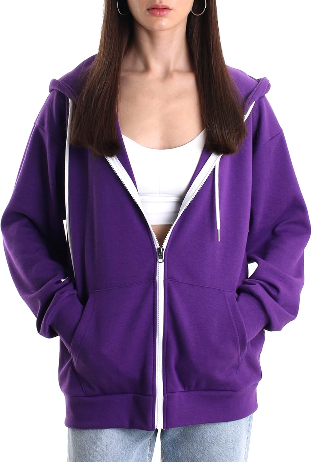 Sudadera con capucha informal de gran tamaño con cremallera completa para mujer Sudadera ligera de manga larga Chaqueta informal con bolsillo 