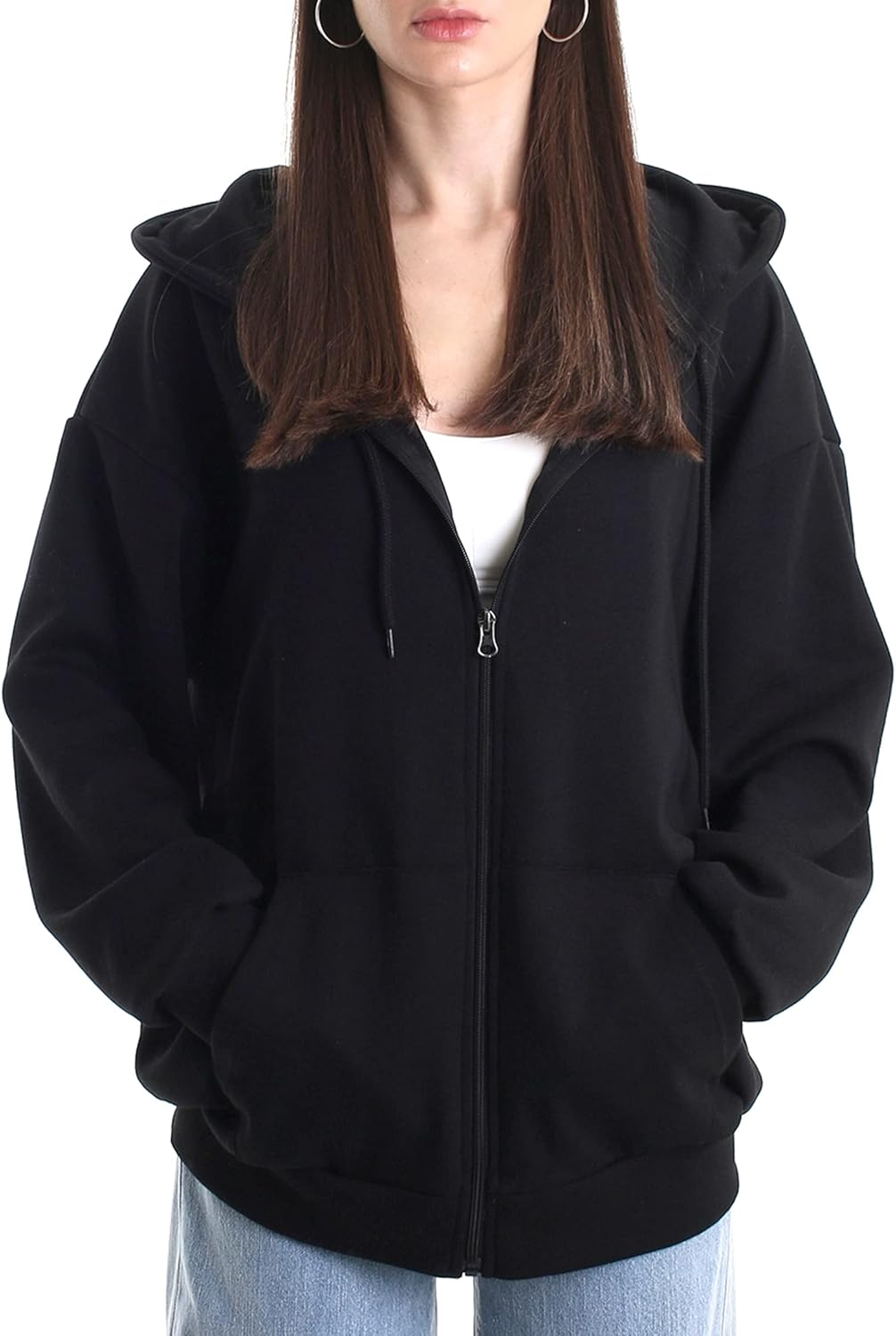Sudadera con capucha informal de gran tamaño con cremallera completa para mujer Sudadera ligera de manga larga Chaqueta informal con bolsillo 