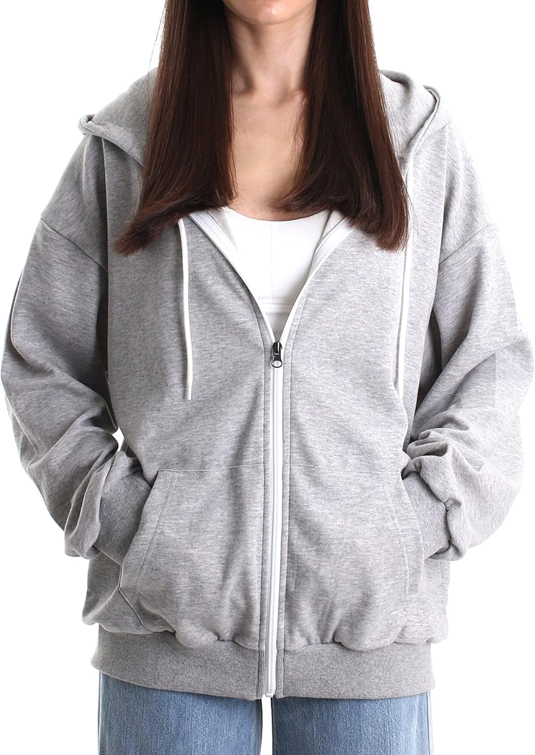 Sudadera con capucha informal de gran tamaño con cremallera completa para mujer Sudadera ligera de manga larga Chaqueta informal con bolsillo 