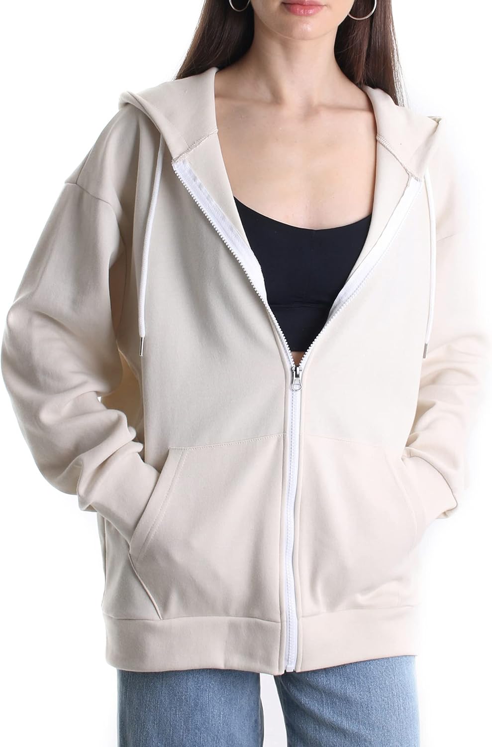 Sudadera con capucha informal de gran tamaño con cremallera completa para mujer Sudadera ligera de manga larga Chaqueta informal con bolsillo 