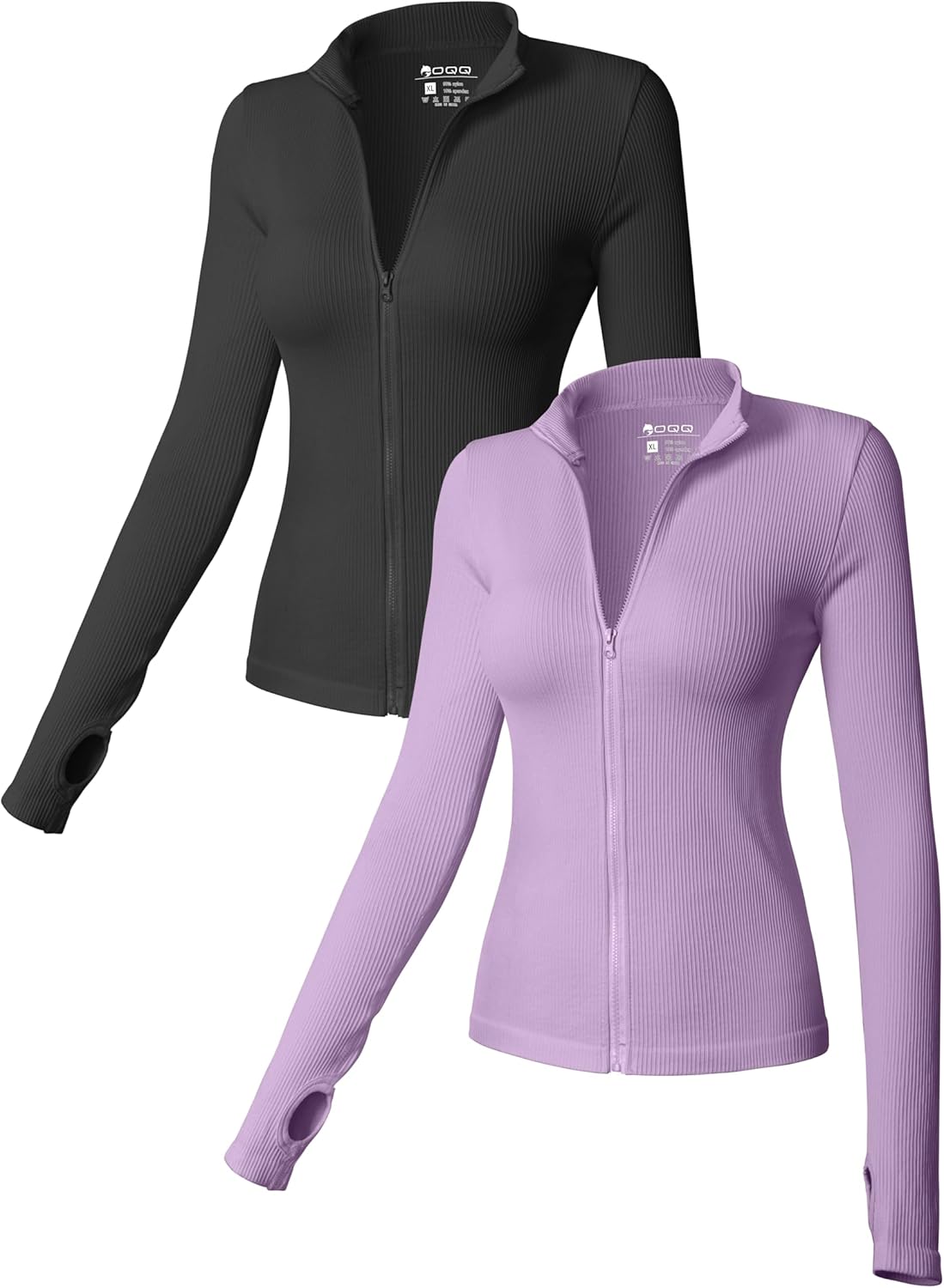 OQQ - Camisetas de manga larga para mujer, 2 piezas, cuello alto, cremallera frontal, elásticas, ajustadas, para uso interior 