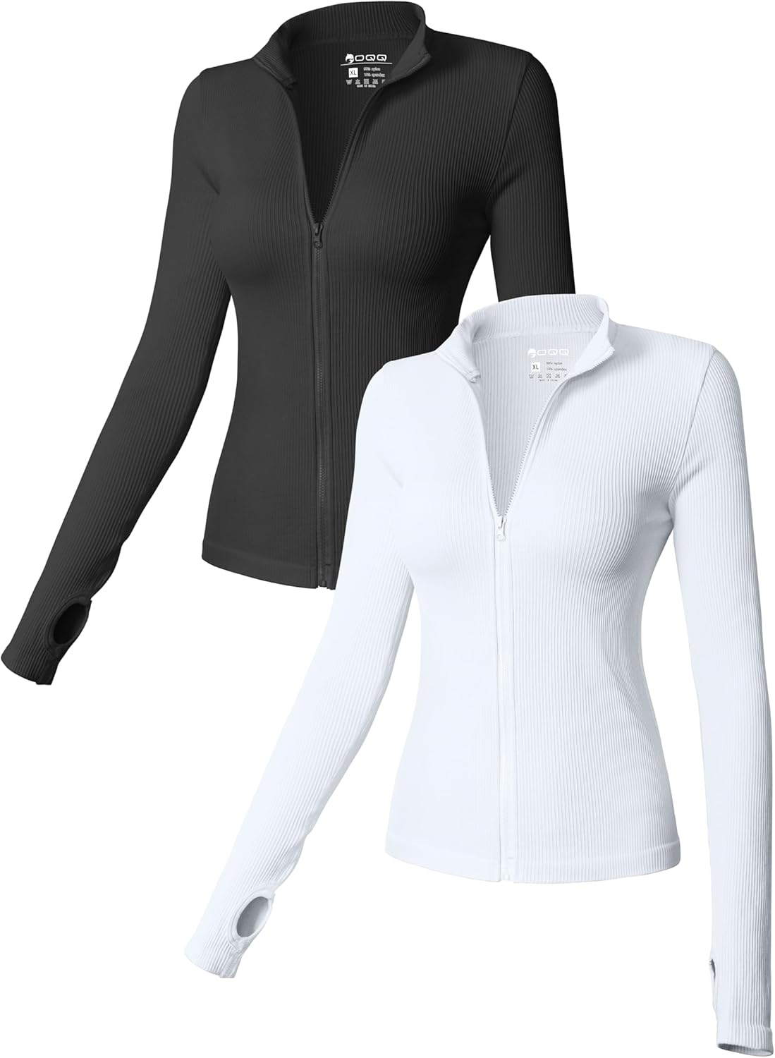 OQQ - Camisetas de manga larga para mujer, 2 piezas, cuello alto, cremallera frontal, elásticas, ajustadas, para uso interior 