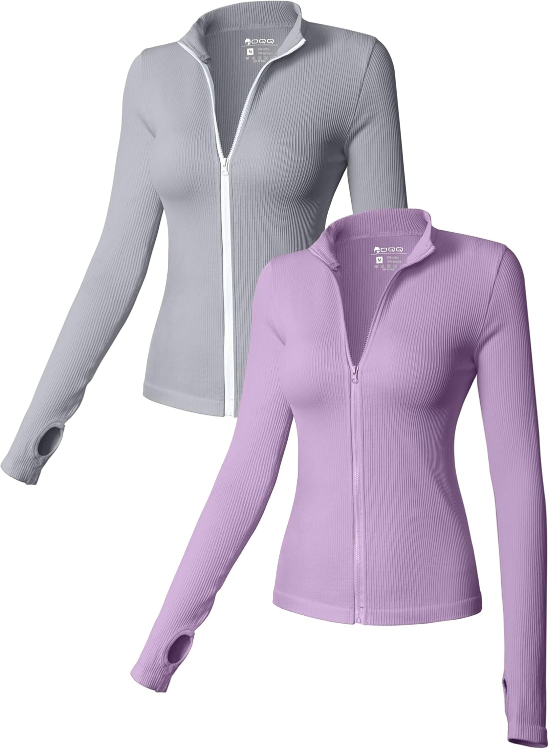 OQQ - Camisetas de manga larga para mujer, 2 piezas, cuello alto, cremallera frontal, elásticas, ajustadas, para uso interior 