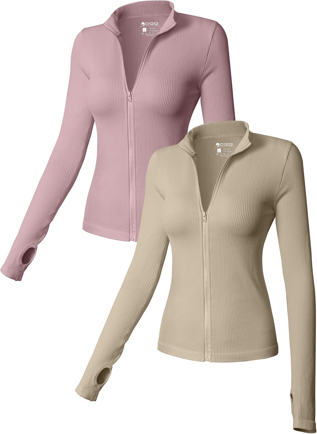 OQQ - Camisetas de manga larga para mujer, 2 piezas, cuello alto, cremallera frontal, elásticas, ajustadas, para uso interior 