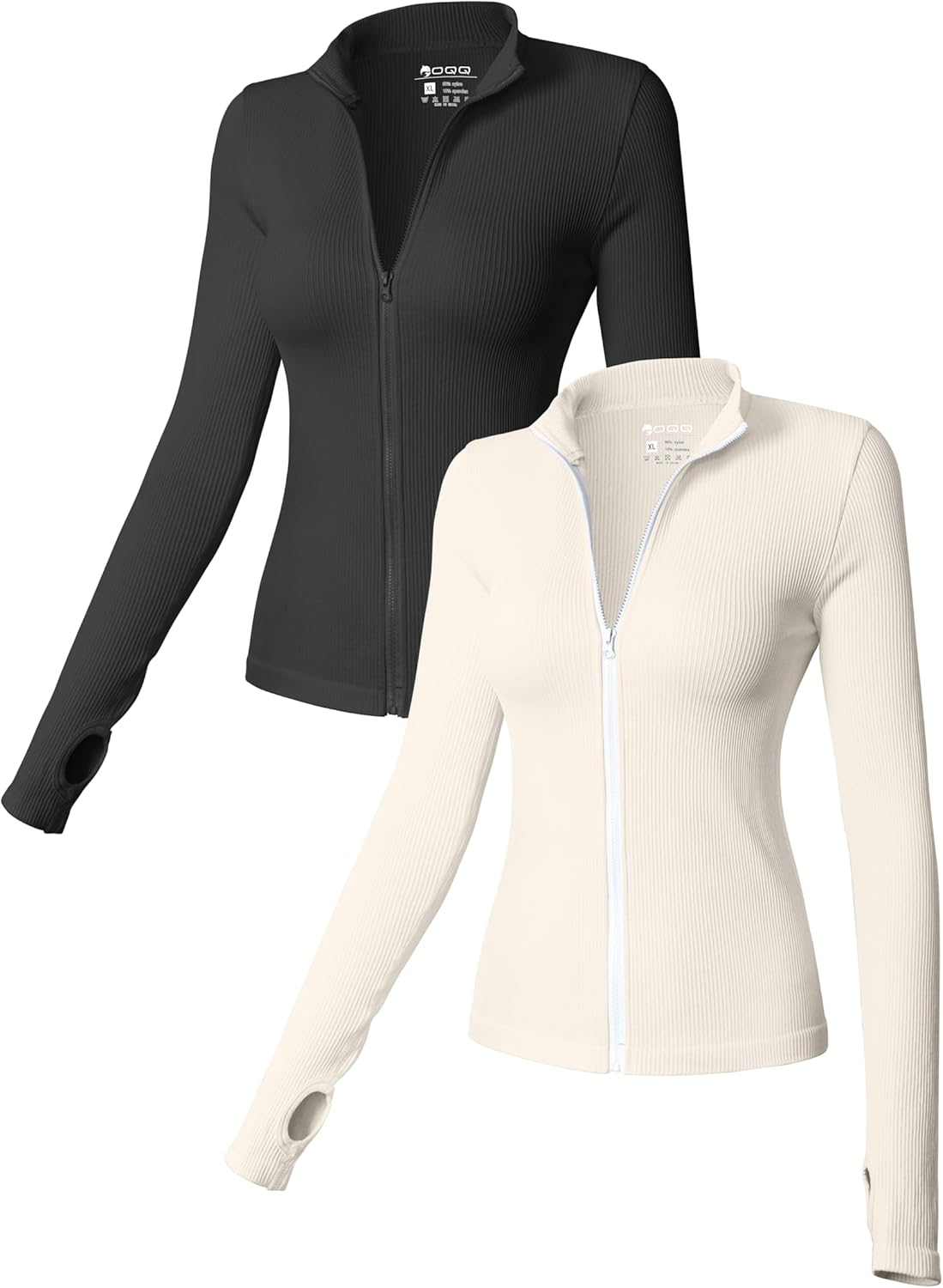 OQQ - Camisetas de manga larga para mujer, 2 piezas, cuello alto, cremallera frontal, elásticas, ajustadas, para uso interior 