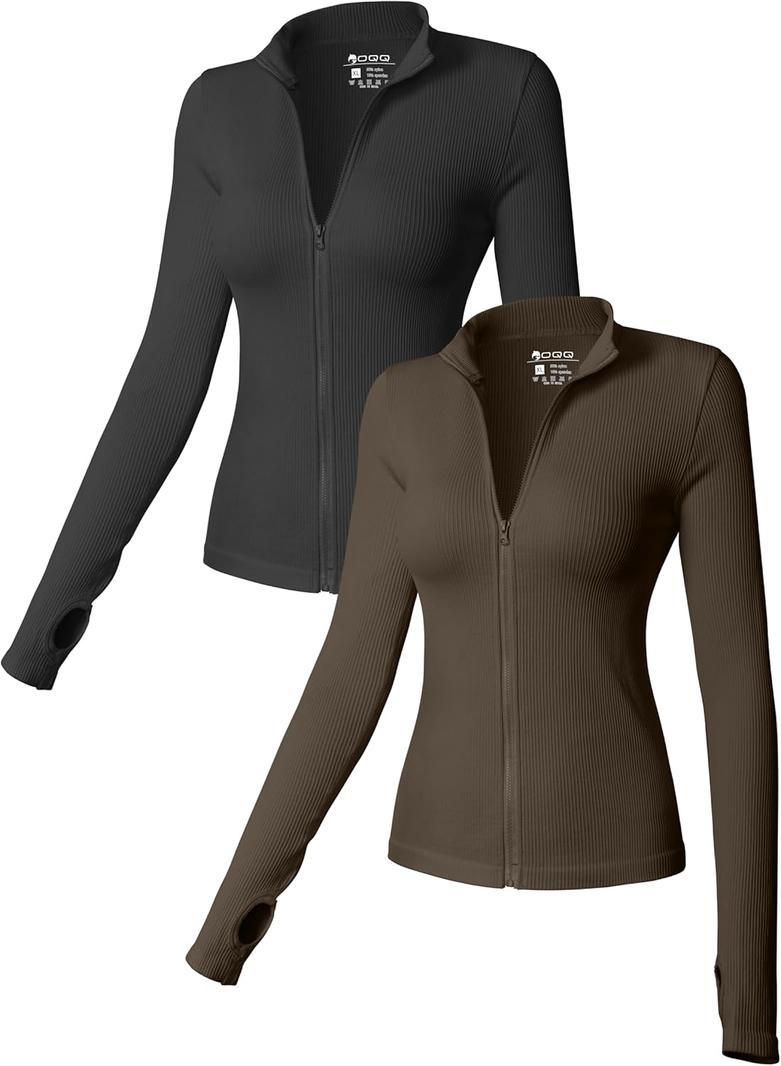 OQQ - Camisetas de manga larga para mujer, 2 piezas, cuello alto, cremallera frontal, elásticas, ajustadas, para uso interior 